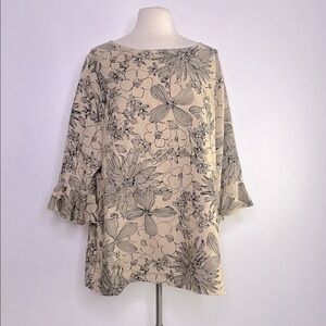 Bryn Walker Chiara Linen Floral Print 3/4 Ruffle Sleeve Blouse size XL